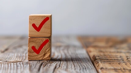 Poster - wooden cubes with check marks on light grey background, flat lay. space for text