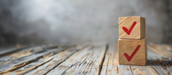 Poster - wooden cubes with check marks on light grey background, flat lay. space for text