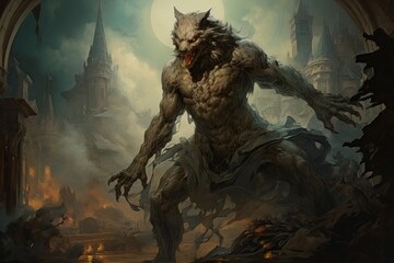 Wall Mural - A shapeshifting werewolf, torn between human nature and primal instincts. - Generative AI