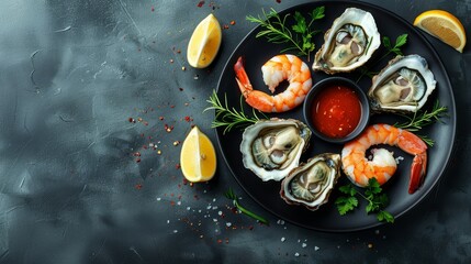  A dark surface holds a plate of shrimp and oysters, accompanied by ketchup and lemon wedges Salt and pepper are sprinkled to the side