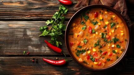 Poster -  A bowl of soup on a worn wooden table Red chili peppers and a vibrant green garnish beside it