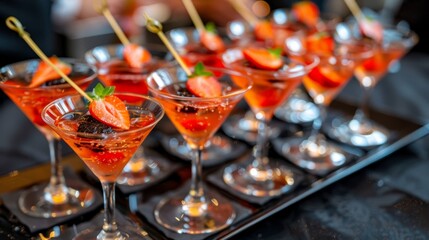 Poster - strawberries atop drinks; garnishes in glasses' bases