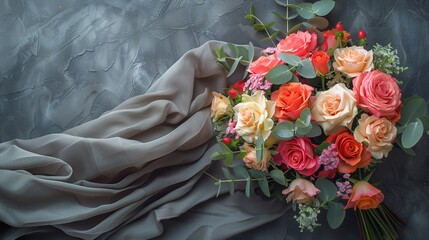 Wall Mural - Colorful spring flowers bouquet in a glass jar on a grey background, space on the left
