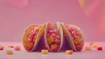  A few tacos stacked on a table, topped with diced fruit