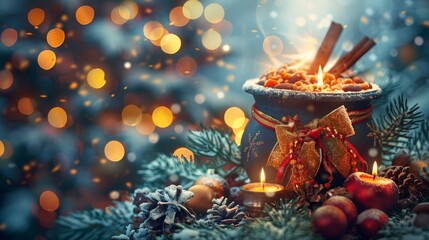 Poster -  A tight shot of a bowl brimming with food on a table In the bowl's center, a lit candle casts a warm glow Beyond, a Christmas tree stands with tw