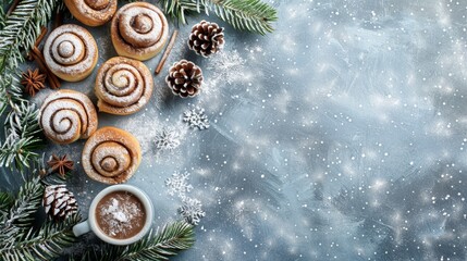 Wall Mural -  A cup of coffee against a blue backdrop, adorned with cinnamon rolls Snowflakes dance around, while pine cones populate the left side of the cup The