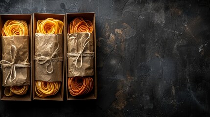  A pair of boxes contain yellow and orange-colored cords One box has these cords visible on its side The other box encloses them, covered by brown paper, securely