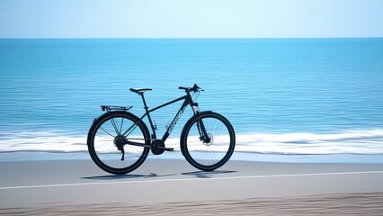 A black bicycle is parked on the beach. The ocean is in the background, and the sky is clear and blue. Concept of relaxation and leisure, as the bicycle is a symbol of outdoor activity