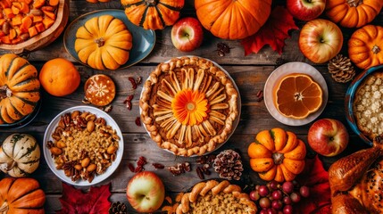 Poster -  A wooden table is laden with various pumpkins and autumn produce, including fruits and vegetables, adjacent to a pie atop a bowl filled with nuts