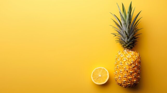  A pineapple and a half orange on a yellow background Pineapple casts a shadow to the left, orange halfway visible on the right
