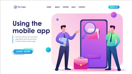 Poster - Young men standing near the mobile phone screen, the use of mobile application. Flat 2D character. Landing page concepts and web design