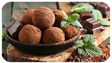 Wall Mural -  A bowl of chocolate truffles on a wooden table Nearby, mint leaves and chocolate chunks rest atop a separate piece of wood, accompanied by a single green leaf