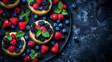 Wall Mural - red and blue raspberries, surrounded by fresh green leaves