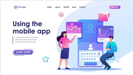 Young people using mobile apps for data analysis. Flat 2D character. Landing page concepts and web design