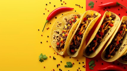 Poster -  A collection of tacos atop a red-yellow table Nearby, a yellow-red plate holds chili, cheese, and seasonings