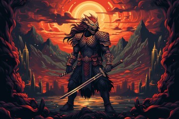 Canvas Print - A fierce and noble warrior, bearing the marks of countless battles and wielding a legendary weapon. - Generative AI