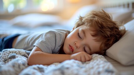 Wall Mural - Cute little boy sleeping on bed at home. Adorable kid lying in bed at home.