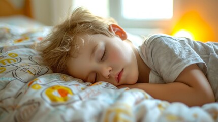 Wall Mural - Cute little boy sleeping in bed at home. Sweet dreams.