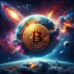 a golden bitcoin symbol floats prominently in cosmic space with vibrant galaxies, planets, and stars