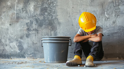 A sad boy black pants and a yellow construction helmet sits on the floor with her head down. Concept of child labor in the industrial age