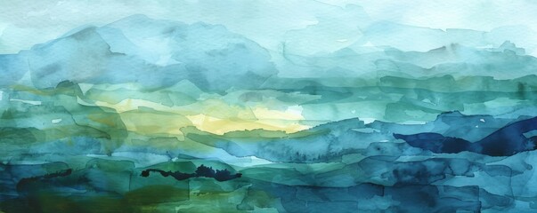 Wall Mural - Serene mountain layers hand-painted in watercolors, depicting tranquil scenery