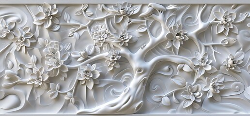 Wall Mural - 3D relief white tree wallpaper mural wall. AI generated illustration