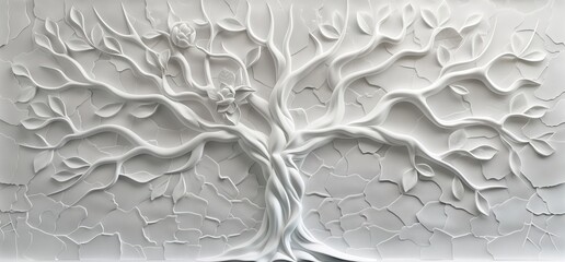 Wall Mural - 3D relief white tree wallpaper mural wall. AI generated illustration