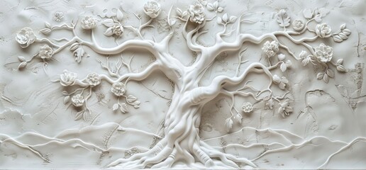 Wall Mural - 3D relief white tree wallpaper mural wall. AI generated illustration