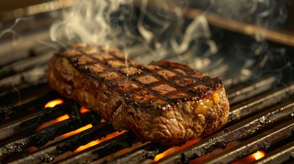 Wall Mural - Beef steak with distinct grill marks, sizzling on the barbecue, summer evening, smoke rising, detailed closeup, highresolution, isolated background, copy space