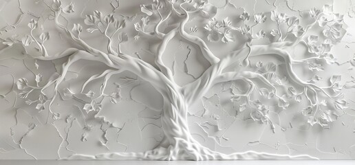 Wall Mural - 3D relief white tree wallpaper mural wall. AI generated illustration