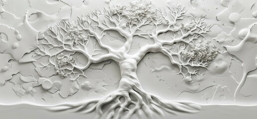 Wall Mural - 3D relief white tree wallpaper mural wall. AI generated illustration