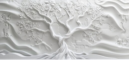 Wall Mural - 3D relief white tree wallpaper mural wall. AI generated illustration