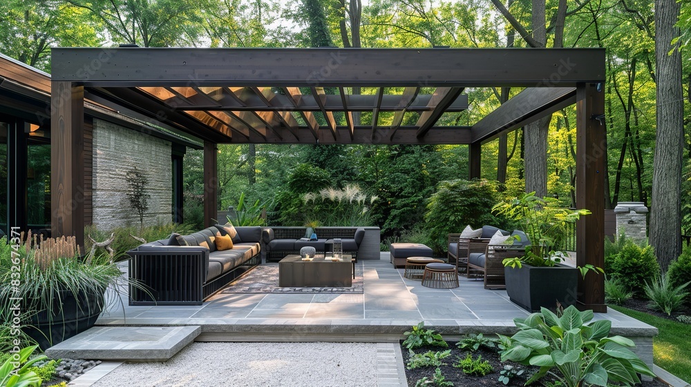 Explore a sleek pergola design in a photo, featuring modern furniture ...