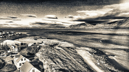 Wall Mural - Panoramic view of town Borgarnes in South-Western Iceland from a drone viewpoint