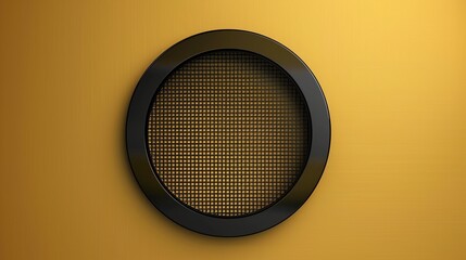 3d black round circle frame border hole on golden shiny brush textured metal board background with copy space, logo symbol blank plate display web banner.