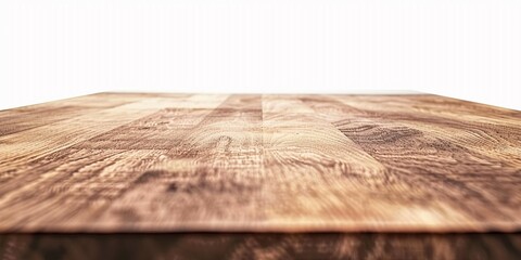 Close up of empty modern mid century wooden table with beautiful texture isolated on white background, for product display, show and curation.