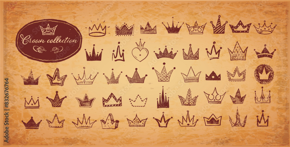 Collection of doodle crowns on vintage background. Vector sketch ...