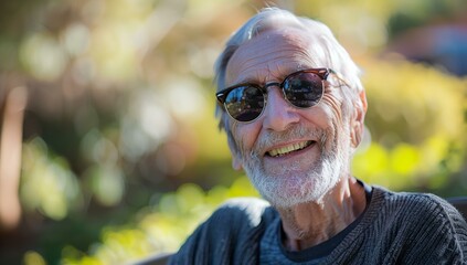 Wall Mural - a man with a white beard and sunglasses smiling at the camera with a blurry background of trees and bushes..