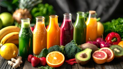 Sticker - Colorful fresh juice bottles shown with fruits and vegetables. Great for health and wellness concepts. Bright and vibrant drink photography for detox. AI