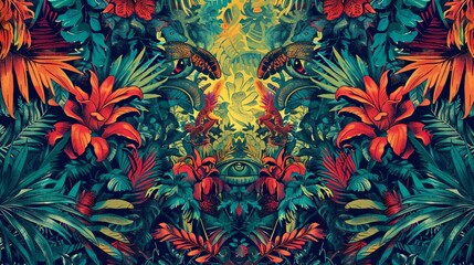 Poster - a painting of a bird surrounded by flowers and plants with a yellow light in the background