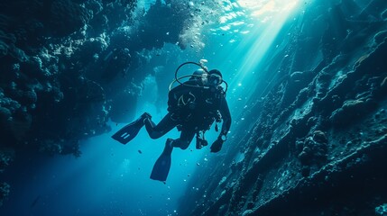 cave diving, diver underwater, dark cave, cavern landscape
