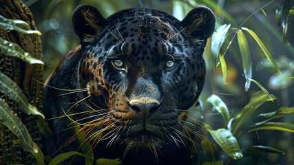 close up of a panther in the jungle, portrait of a panther, wild panther in the forest