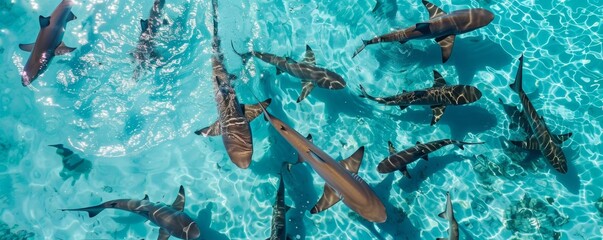Sharks swimming in crystal clear waters