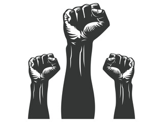 Fist silhouette set, sign of power, strength, isolated on white, raised and closed fist icons, strength, power and solidarity, Raised fist, sign of power, isolated on white