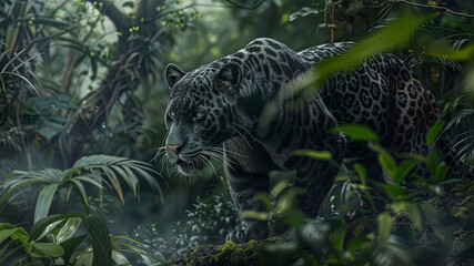 close up of a panther in the jungle, portrait of a panther, wild panther in the forest