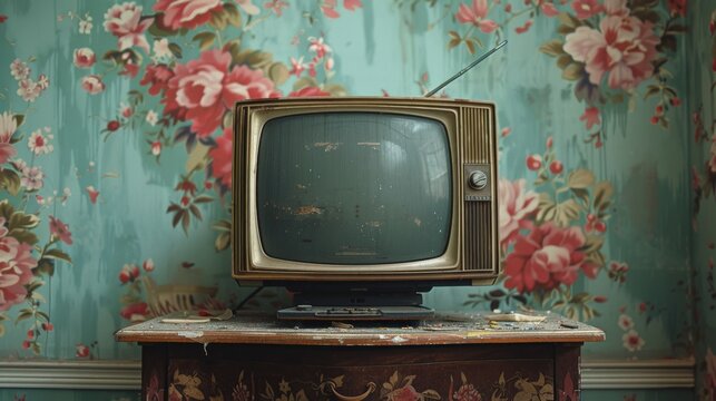 Vintage television in retro room setting