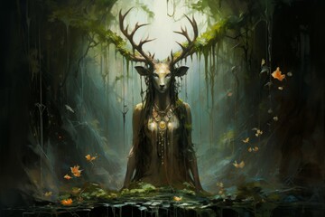 Wall Mural - A gentle and nurturing druid, attuned to the natural world and capable of commanding its forces. - Generative AI