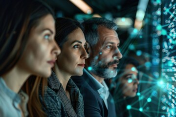 Poster - Professionals gazing at futuristic digital interface.