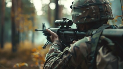 Soldier aiming rifle in forest