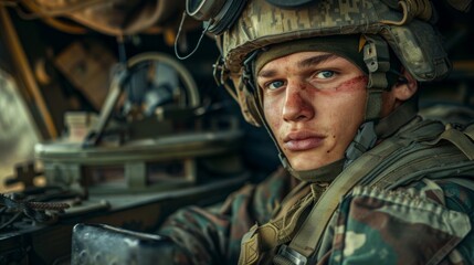 Wall Mural - Determined soldier inside military vehicle